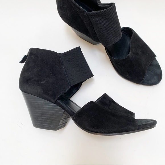 Eileen Fisher Black Suede Sandal Heels Zip Back Mesh Strap Size 9 - Picture 14 of 15